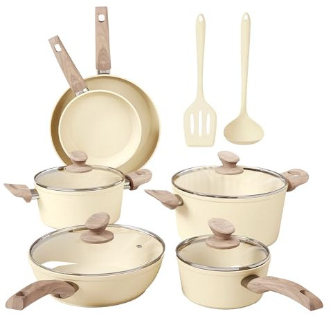 Kitchen Academy 12 Pieces Nonstick Pots and Pans Set, Induction Cooking Pan Set, Non Stick Saucepan Set, Frying Pan Set (Beige)