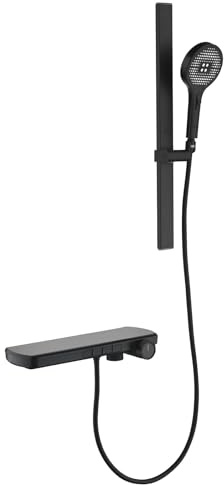 Badewannenarmatur mit Handbrause, Wannenarmatur à Affichage Numérique LED Duscharmatur mit Thermostat Wasserfall Wasserhahn Badewanne Höhenverstellbar Duschstange mit 4 Strahlarten Handbrause(Schwarz)
