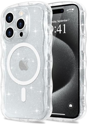 Pepmune for iPhone 15 Pro Case Clear Bling Compatible with Magsafe | Soft TPU Curly Wavy Frame & Hard PC Back,Sparkle Glitter Magnetic Cover,Slim Shockproof Wave Phone Case-Mag Clear