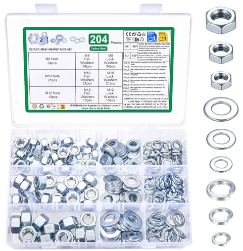 204 Stk M8 M10 M12 Muttern Set,Muttern Für Schrauben | Silberfarben Muttern Sortiment,68 Beilagscheiben, 68 Federscheiben, 68 Muttern Für Schrauben