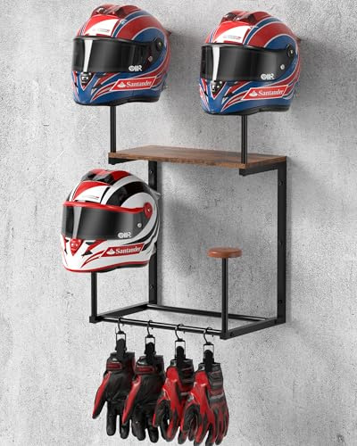 THYGIFTREE Helmet Holder, Helmet Rack Wall Mount Motorcycle Helmet Stand, Versatile Motorbike Accessories Storage for Motorbike, Football, Baseballs (Brown)