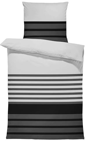 one-home Bettwäsche 135x200 cm gestreift grau anthrazit Biber Winter Flanell Baumwolle