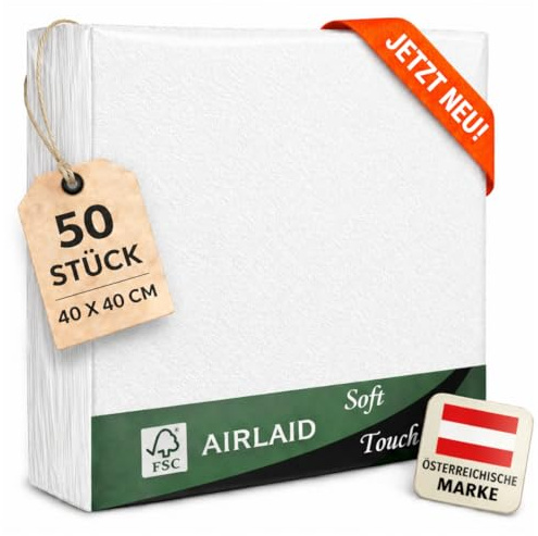 EV® Airlaid Servietten - 50 Stück, Weiß (40 x 40 cm) - Hochwertige Stoffähnliche Servietten - Einfarbig - Stilvolle Tischdeko für Hochzeit, Geburtstage & Feste