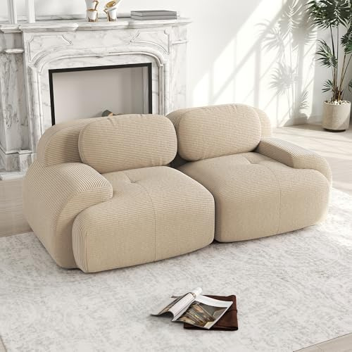 Muskel Modernes Cord Sofa Loveseat Modulares 2-Sitzer Wohnzimmer Couch mit geschwungenen Armlehnen, Ohne MontageBoneless Sofa, Hochelastische Polsterung (Khaki, 2-Sitzer)
