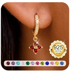 ZOERAY Geburtsstein Ohrringe Gold Hängend für Damen Mädchen Wasserfest Frau | 18K Vergoldete Ohrringe Creolen mit Anhänger,Kleeblatt Goldene Ohrringe Stein Rot Grün Blau,Damenohrringe Geburtstag Geschenk