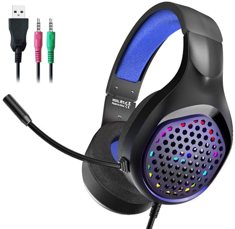 Whoasyst Cuffie con cavo da gioco con microfono sopra l'orecchio luce LED per tablet computer cancellazione del rumore cuffie comode