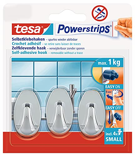 tesa Powerstrips Haken Small OVAL - Selbstklebender Wandhaken für Glas, Kacheln, Holz, Kunststoff und andere Untergründe - Chrom