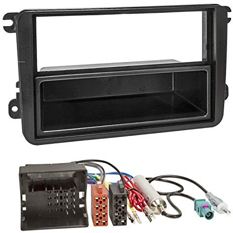 Sound-way Kit Montage Autoradio, Cadre Façade 1 DIN, Adaptateur Antenne Fakra, Cable Adaptateur Connecteur ISO, Compatible avec Volkswagen, Skoda, Seat