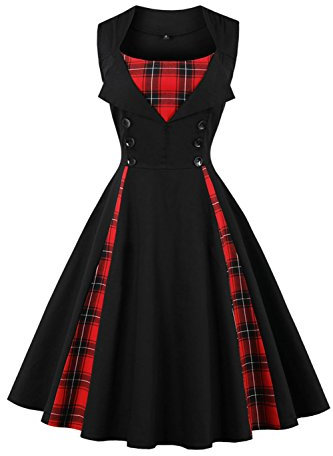 AXOE Women's 1940s 50s A-Line Vintage Fancy Dress Polka Dot Cocktail Dress Wedding Guest Party Stretch Cotton, Knee-Length Black Tartan UK Size 16, XL