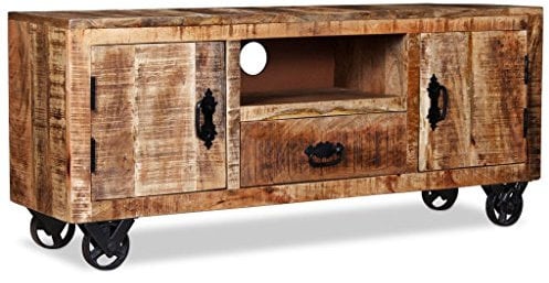 Festnight Mobile Porta TV Amuovibile Retro Vintage in Legno Massello Grezzo con Ruote Una Cassetta e 2 Ante 120 x 30 x 50 cm