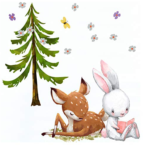 Little Deco Aufkleber Mädchen Kinderzimmer REH Hase und Tannenbaum Blumen Wandaufkleber Wandtattoo Tiere Babyzimmer Junge Kinder Wandsticker Sticker DL209-10