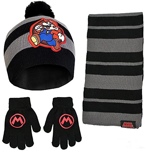 Nintendo Boys Winter Hat, Scarf, and Kids Gloves, Super Mario Baby Beanie 4-7 Cold Weather, Black/Grey, Years