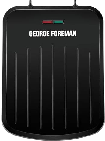George Foreman Small Electric Fit Grill [Non stick, Healthy, Griddle, Toastie, Hot plate, Panini, BBQ, Energy saving, Vertical storage, Easy clean, Drip tray, Ready to cook light] Black, 760W 25800