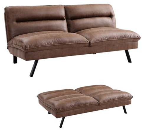 Home Detail Air Leather Sofa Bed with Padded Seat and Backrest Three Seater Sofabed in Brown or Grey Finish (Brown)