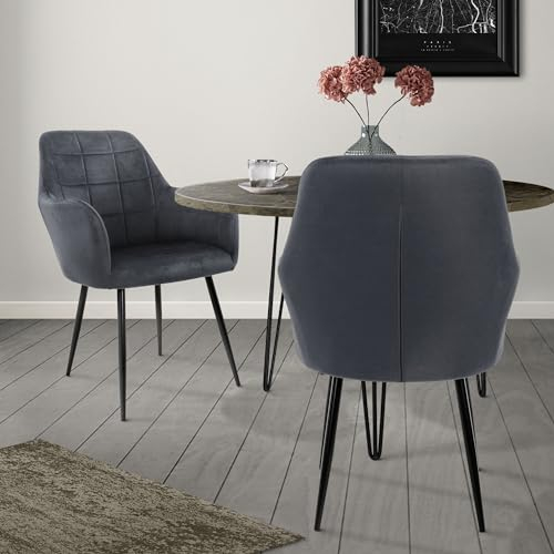 ECD Germany 2er Set Esszimmerstühle mit Rücken- und Armlehnen, Dunkelgrau, Küchenstühle mit Samtbezug, Polsterstühle mit Metallbeinen, Ergonomische Stühle für Esstisch, Wohnzimmerstühle Esszimmerstuhl
