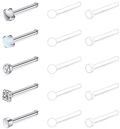 Mayhoop Anello al Naso Piercing Naso setto Fermo calire 15 Pezzi Borchie 20G Acciaio Chirurgico e Acrilico Opale chiodo Piercing Corp Uomo Donna