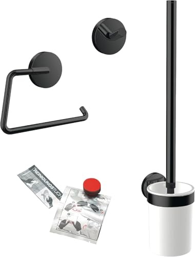 EMCO Round WC 3-teiliges Badaccessoire-Set inkl. Handtuchhaken, Papierhalter, Toilettenbürstengarnitur 3 in 1 perfekt für jedes Bad, Schwarz