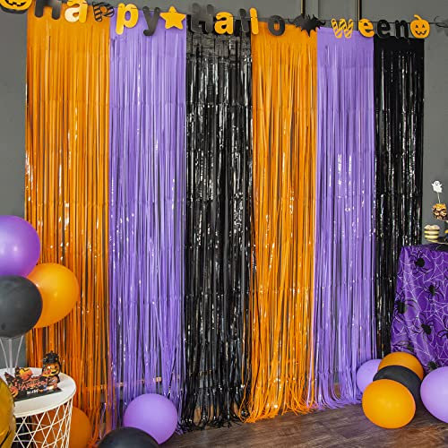 Orange-violett-schwarze Folien-Fransenvorhänge, Halloween-Party-Dekoration, 3,2 x 2,5 m, extra großer Lametta-Vorhang, Party-Fotohintergrund für Halloween-Party, Jubiläumsparty