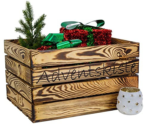 Adventskiste/Weihnachtskiste mit Schriftzug Obstkiste Weinkiste Dekokiste Geschenkekiste Weihnachtsdeko Adventskalender 50 x 40 x 29cm (geflammt mit Adventskalender schwarz)