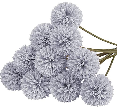 Hortensien Kunstblumen,10 Stück Seide Pompon Chrysantheme Kugel Blumen mit biegsamen Stiel Seidenblume