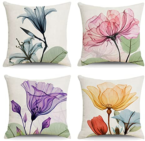 OCEUMACO Leinen Kissenbezug 50x50 Boho Blumen Muster Kissenhülle 4er Set Quadratisch Dekokissen Sofakissen Bezug für Couch Landhausstil Kissen Kissenbezüge Deko Zierkissen Couchkissen - Bunt