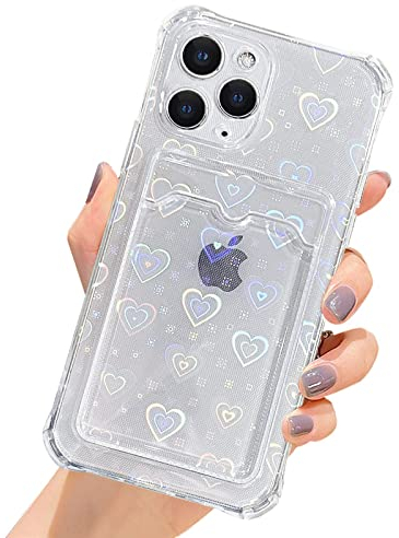 SmoBea Compatible with iPhone 14 Pro Max Case, Holographic Laser Glitter Bling Heart Card Holder Soft & Flexible TPU Shockproof Cover for Women Girls Heart Pattern Case (Heart/Clear)