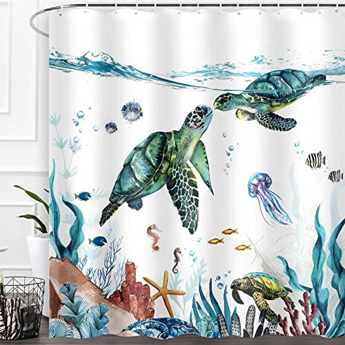 Rideau de Douche 180 x 180 cm Tortue de Mer Bleu Océan Rideau de Bain Durable Lavable Imperméable Tissu Polyester Accessoires de Baignoire avec 12 Crochets pour Salle de Bain