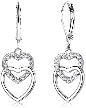 LOLIAS 925 Sterling Silber Herz Ohrhänger Ohrringe für Damen Mädchen Silber Creolen Mehrfarbige Zirkonia Baumeln Ohrringe Hypoallergene Doppelherz Huggie Creolen Ohrringe