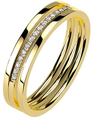 Mianova Damen Ring Edelstahl Dreireihig mit Kristallen Strass Glitzer Steinen Damenring Memoire Eternity Memory Mehrreihig Trauring Verlobungsring Fingerring Gold Größe 56 (17.8)