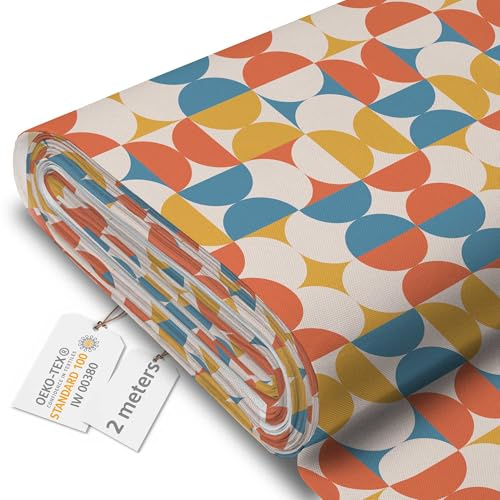 DreamRoots Markisenstoff Meterware, Geometric Retro, 2 m | Oxford Segeltuch, wasserdicht, Polsterstoff Meterware, 220 g/m² 600D, 160 cm breit, für außen & Deko
