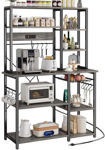 SUPERJARE Estante grande para panaderos con tomas de corriente, soporte para microondas de 6 niveles, barra de café con 12 ganchos en forma de S, estante de cocina con cesta de alambre, 39.4 x 14.6 x