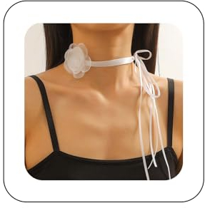 Yienate Weißes Kropfband Gothic Kamelie Blume Schnürung Halskette Vintage Langes Band Floral Halsband Sexy Blume Bogen Hochzeit Braut Spitze Halskette Cosplay Krawatte Halskette Geschenke Für Frauen