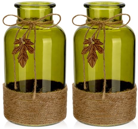 Briful Paquete de 2 jarrones de vidrio grandes con cuerda de yute, jarrones de flores verdes, tarro de vidrio para decoración del hogar y la cocina