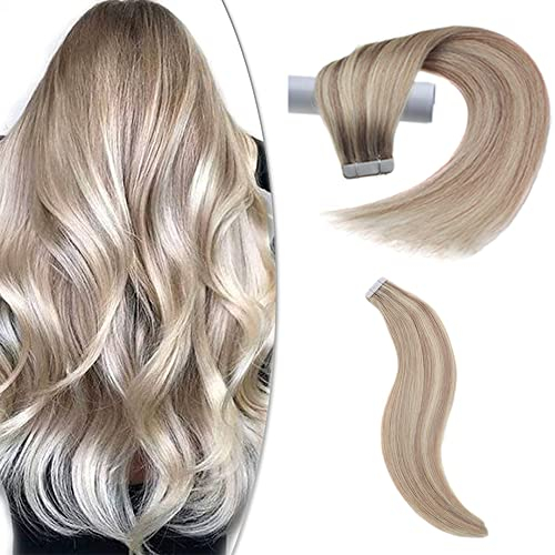 SURNEL Tape in Echthaarverlängerungen, Natürliches Haar, Tape in Haar, 18 Karamellblond 613 Bleichblond, Weiches Haar, 20 Zoll 50 Gramm 20 Stück, Tape in Extensions(tape#18P613-50cm)