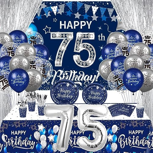 Rumia 75th Birthday Decorations, 131 PCS Navy Blue Silver, Includes Banner, Balloons, Tablecloth, Plates, Cups, Napkins, Foil Backdrops, Confetti