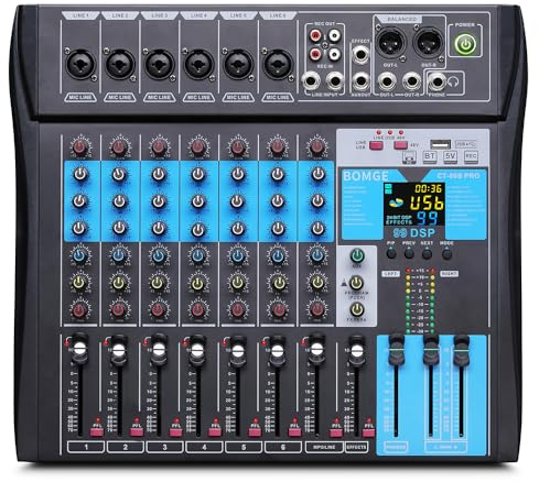 BOMGE Professional Mixer Sound Board Console 8 Channel Desk System w/USB Audio Interface USB-B Recording, BT Function, 99 DSP Effects, 48V Phantom Power Stereo DJ Studio FX Steel (8Channel-99DSP)