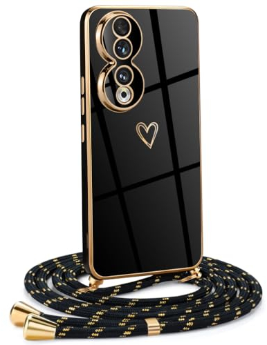 Mkej Coque pour Honor 90 avec Cordon de Collier, Motif Coeur d'amour TPU Housse, Collier RéglableTéléphone Portable Lanyard Case, Or Noir