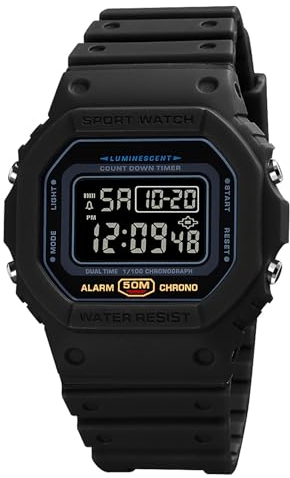 Tevimpeya Herren Digital Quarz Uhr Stoßfest Unisex Digital Uhren 50m Wasserdicht Outdoor Sport Uhr Elektronische Uhr PU Armband Grau Camo, schwarz/schwarz, Armband