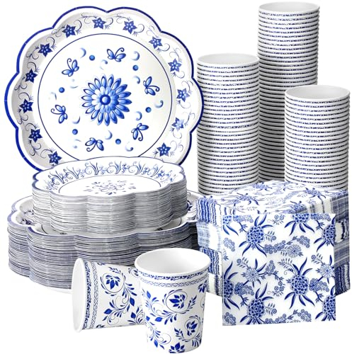 Maxcheck 490 Pcs Blue Floral Chinoiserie Disposable Tableware Set Catering Supplies Bridal Party Decorations 9 and 7 Floral Disposable Paper Plates Cups Napkins for Wedding Baby Shower Party Supply