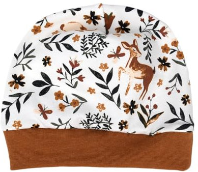 Mütze Beanie Waldtiere Boho Rehkitz Hase Eichhörnchen Baby Jungen Mädchen Frühchen handmade Geschenk Geburt Babyparty (KU 30-33 cm, leichte Mütze ohne Futter, creme-zimt)
