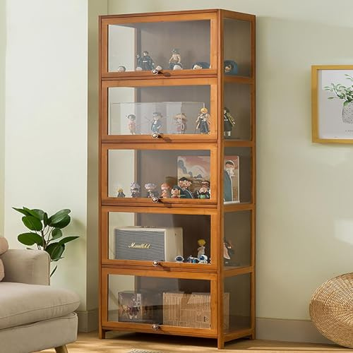 KUYATE Glasvitrine, antiker Schrank mit Glastür, antiker Schrank mit natürlichem Bambusrahmen, eintüriges Design, versiegelt und staubdicht 70x32x172cm/L27.5xW12.6xH67.7in Brown