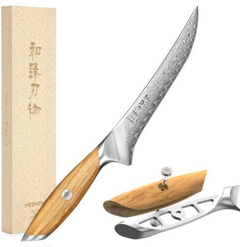 HEZHEN Damasco Coltello per Sfilettare, Coltello Da Filetto Acciaio Damasco Coltelli da Disosso Filettare Professionale, Manico in Legno Ergonomico