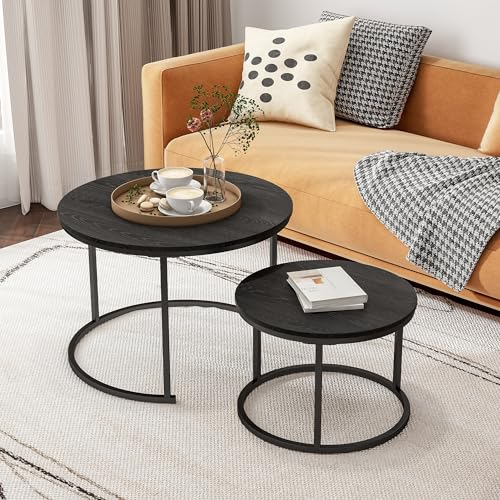 HOJINLINERO Round Coffee Table Side Table Set of 2 for Living Room,Black Coffee Table Nesting Tables Metal Frame with Wood Look,Sturdy and Easy Assembly,Stacking Small Side Table for Bedroom,Black