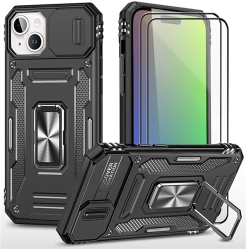 CLYDITE Coque pour Iphone 15 étui avec 2 Verre Trempé Support magnétique Armure Robuste Antichoc Silicone avec Couvercle de caméra Coulissant Bumper-Noir