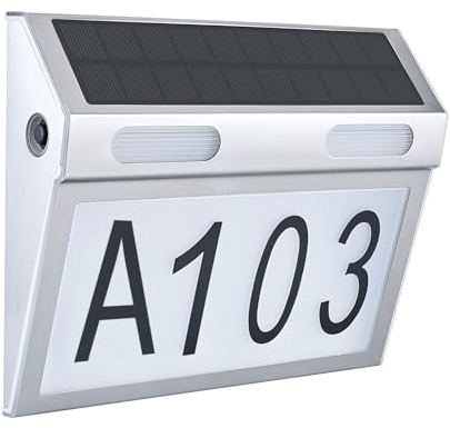 Solar Hausnummer Solar Beleuchtet Haustürshild Nummershild aus Edelstahl mit Eingebaube Solarpanel Nummer, Außen Wasserdicht (Silver)