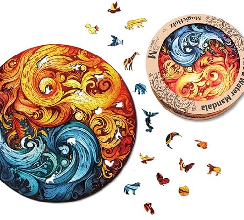 MagicHolz – Holzpuzzle Mandala Feuer und Wasser – rundes Holz Puzzle Ø 47 cm – besondere Geschenkidee für Erwachsene & Kinder – inkl.Premium Holzbox
