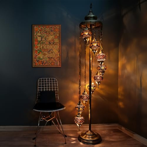 Asylove Turkish Lamp 9 Globe Mosaic Floor Lamp, Standing Lamp Moroccan Floor Lamp for Decorative Home Designs Offer 5 inch Globe - Total Height 70 inch (Brown)