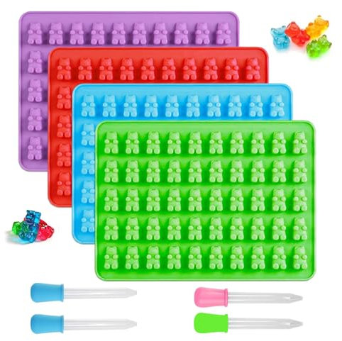 Gummibärchen Form, 4 Stück Bonbon Formen Silikon mit 4 Pipetten, Silikonform Gummibärchen für Gummibärchen Gelee Schokolade Weihnachtssüßigkeiten(Rot Blau Grün Lila)