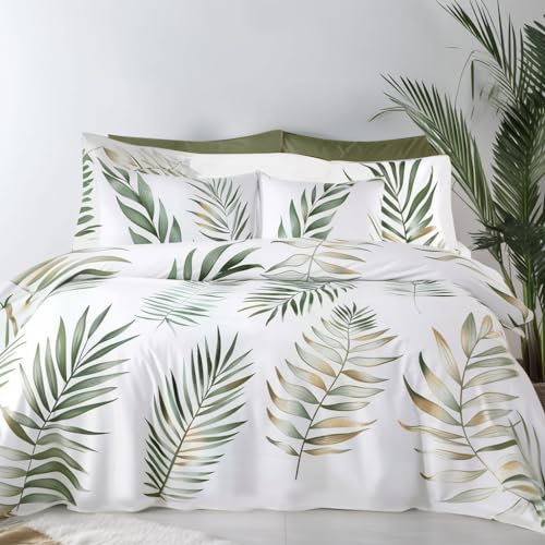 Boqingzhu 3D Bettwäsche 220×240cm Grün Gold Weiß Dschungel Palmen Blätter Muster Aesthetic Vintage Wende Bettwäsche Set Bettbezug und 2 Kissenbezüge 80x80cm mit Reißverschluss