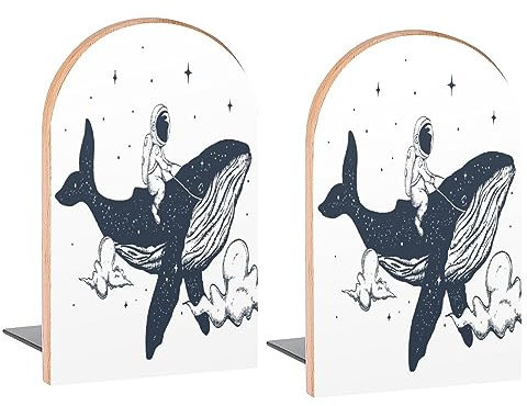 Buchstützen mit Astronautenfliegen auf Wal, dekorative Holz-Buchstützen für Regale, Zimmer, Schreibtisch, Heimbüro, Buchstopper für Zeitschriften, Bücher, DVDs, 2 Stück